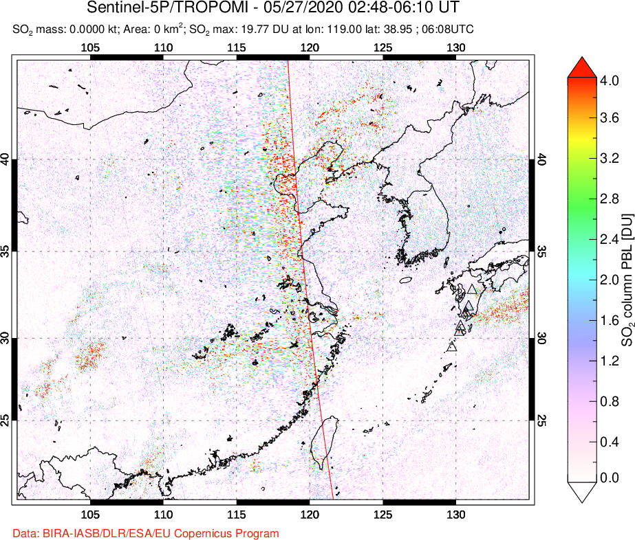 A sulfur dioxide image over Eastern China on May 27, 2020.