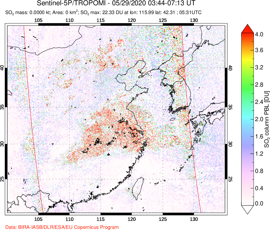 A sulfur dioxide image over Eastern China on May 29, 2020.
