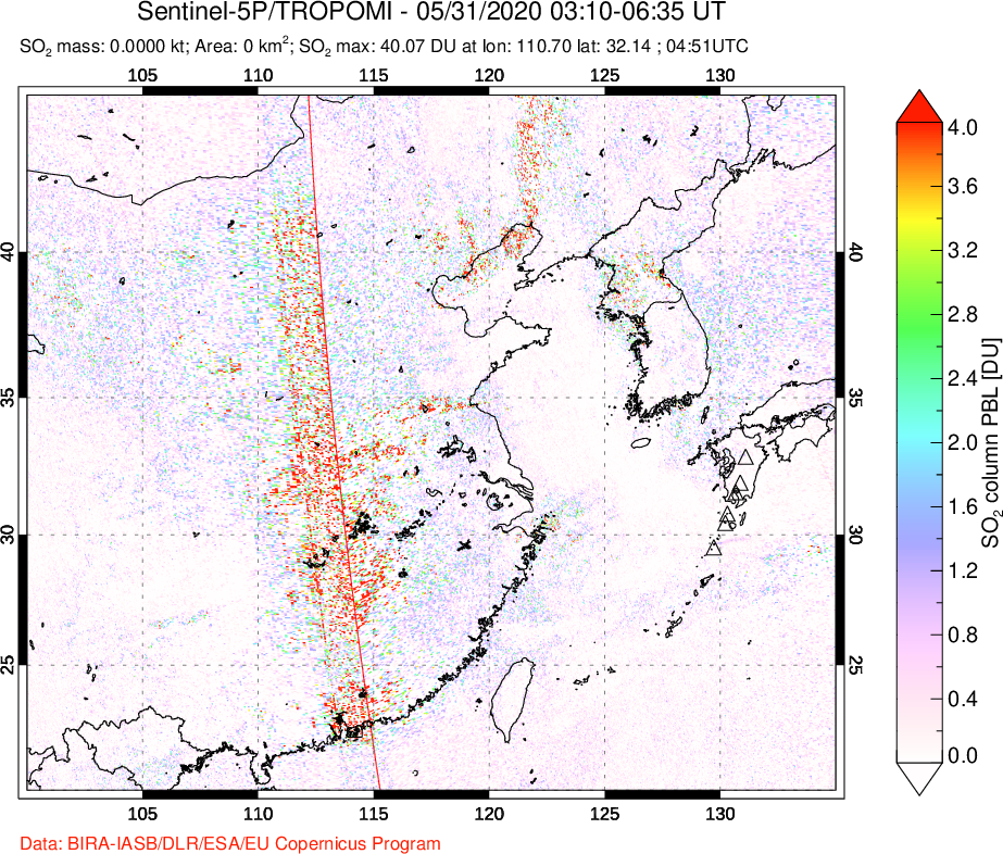 A sulfur dioxide image over Eastern China on May 31, 2020.