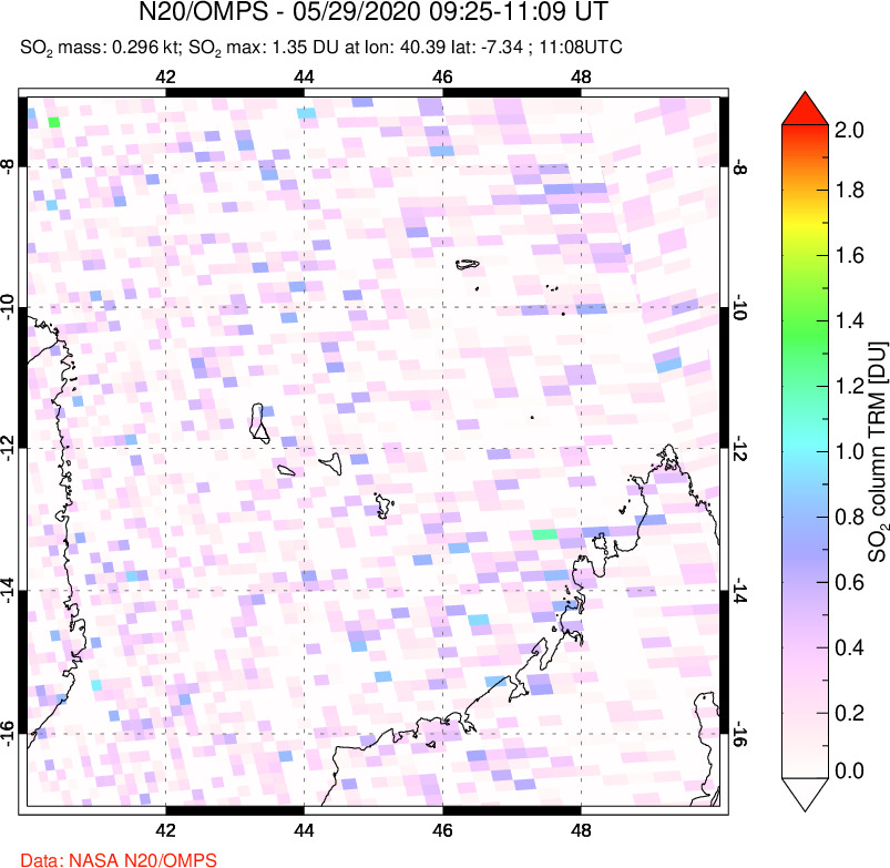 A sulfur dioxide image over Comoro Islands on May 29, 2020.