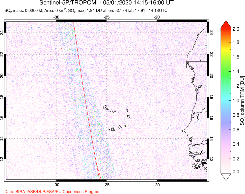 A sulfur dioxide image over Cape Verde Islands on May 01, 2020.