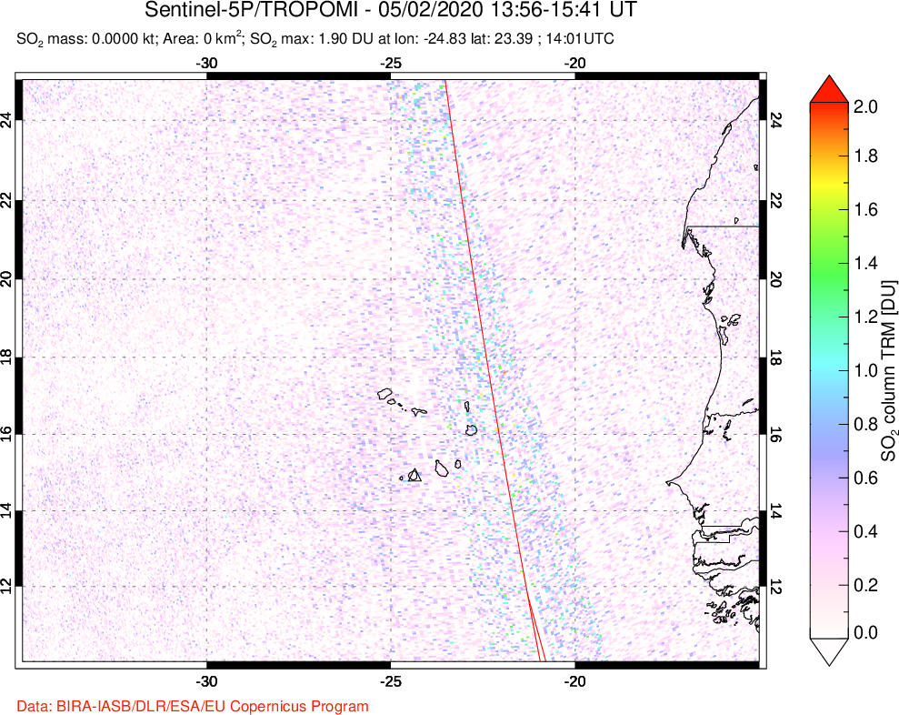 A sulfur dioxide image over Cape Verde Islands on May 02, 2020.