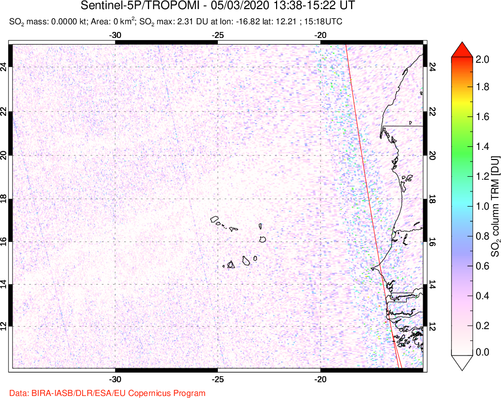 A sulfur dioxide image over Cape Verde Islands on May 03, 2020.