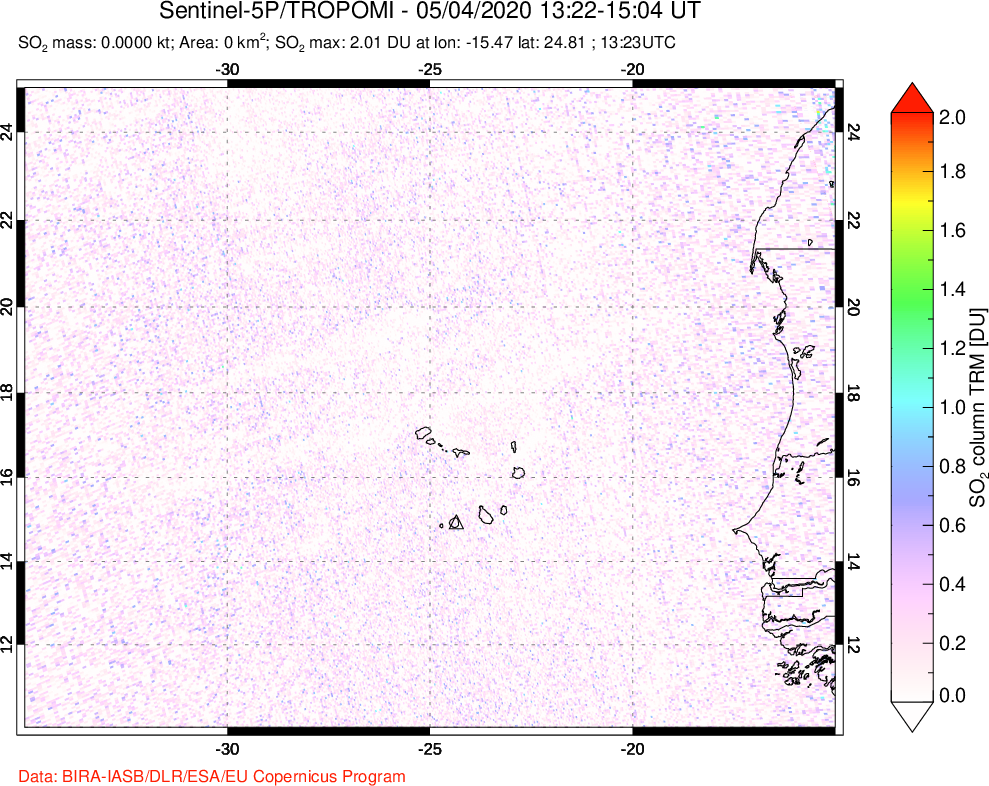 A sulfur dioxide image over Cape Verde Islands on May 04, 2020.