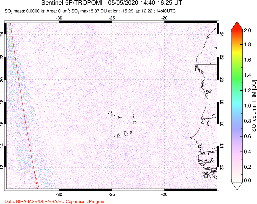 A sulfur dioxide image over Cape Verde Islands on May 05, 2020.