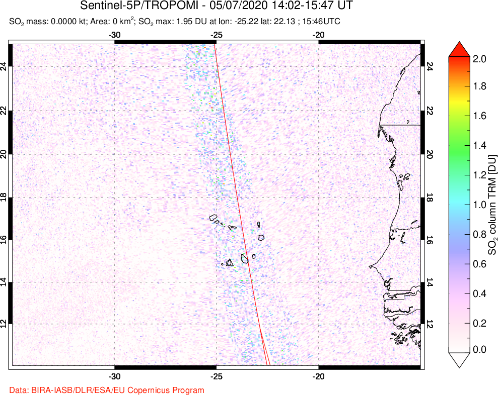 A sulfur dioxide image over Cape Verde Islands on May 07, 2020.