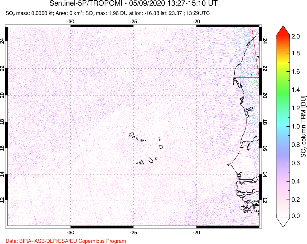 A sulfur dioxide image over Cape Verde Islands on May 09, 2020.