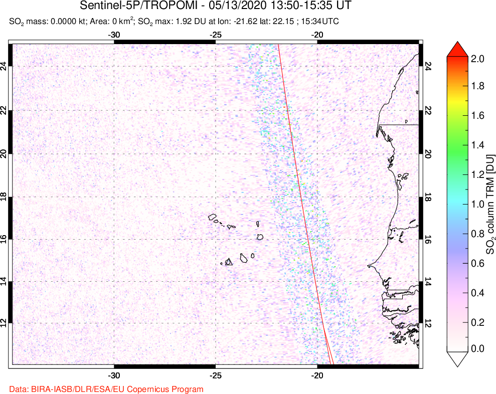 A sulfur dioxide image over Cape Verde Islands on May 13, 2020.