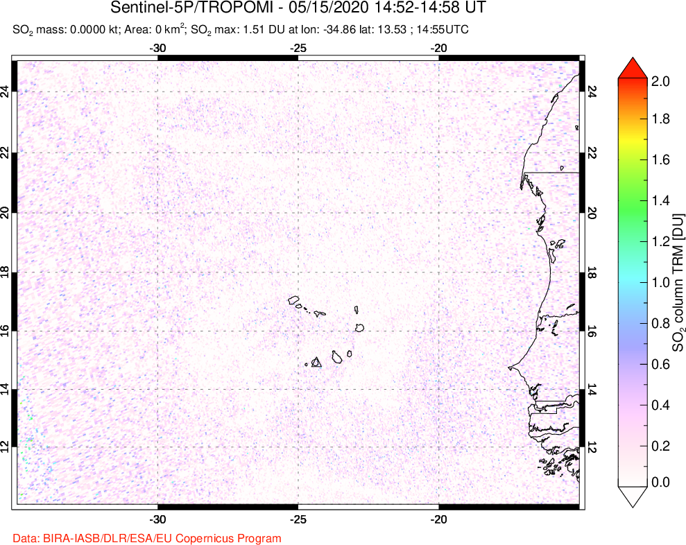 A sulfur dioxide image over Cape Verde Islands on May 15, 2020.