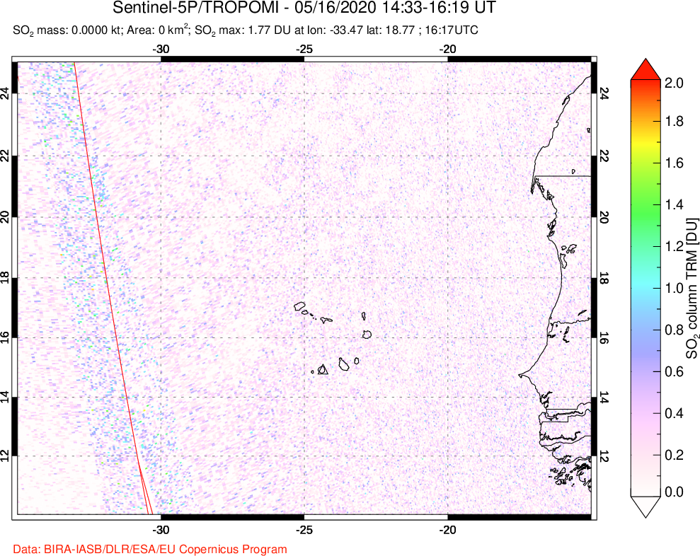 A sulfur dioxide image over Cape Verde Islands on May 16, 2020.