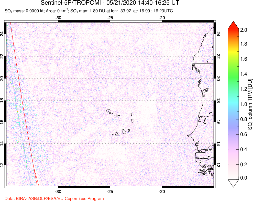 A sulfur dioxide image over Cape Verde Islands on May 21, 2020.