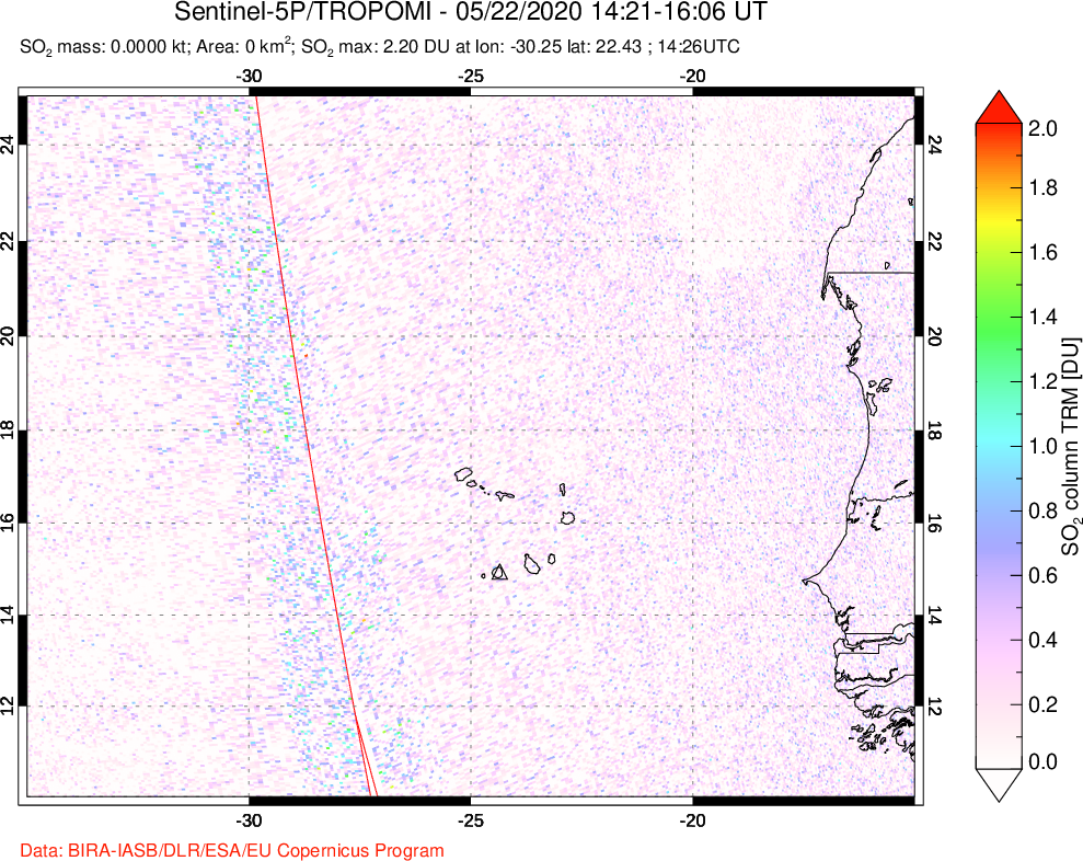A sulfur dioxide image over Cape Verde Islands on May 22, 2020.