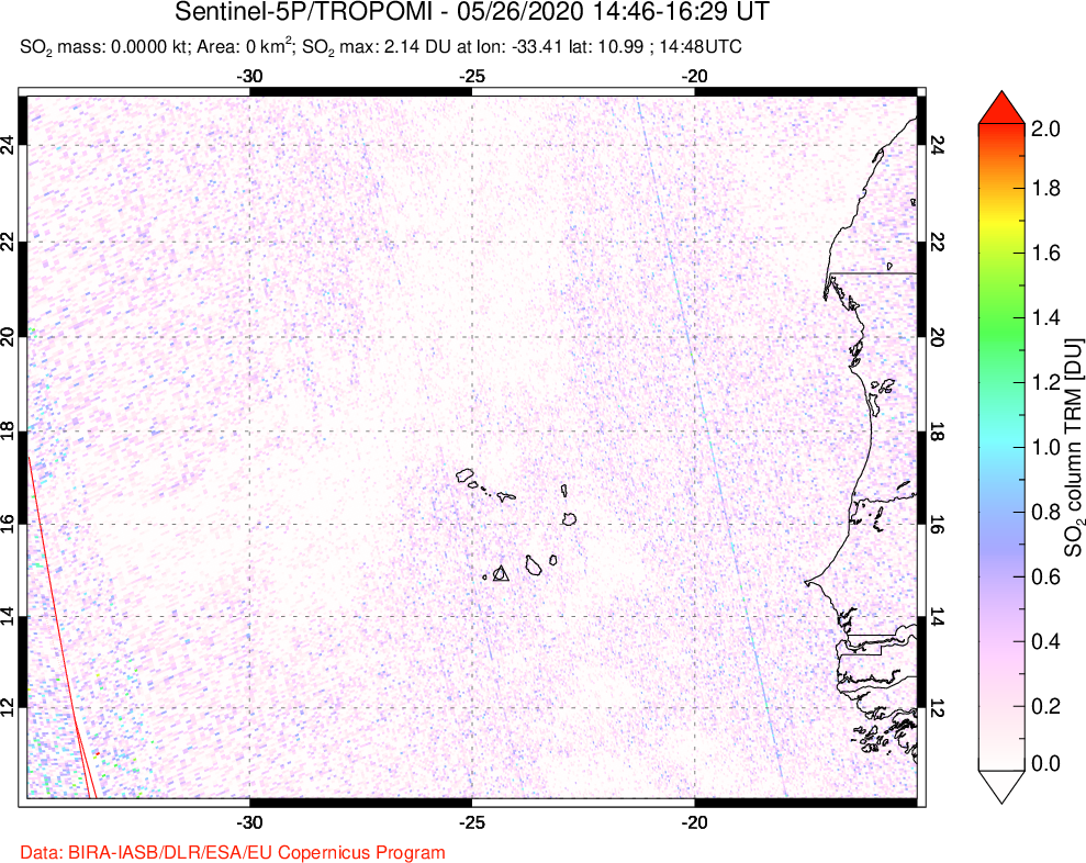 A sulfur dioxide image over Cape Verde Islands on May 26, 2020.