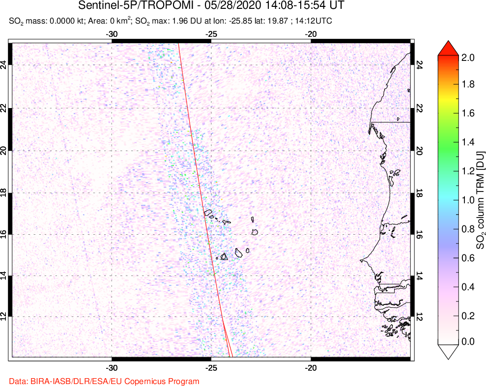 A sulfur dioxide image over Cape Verde Islands on May 28, 2020.