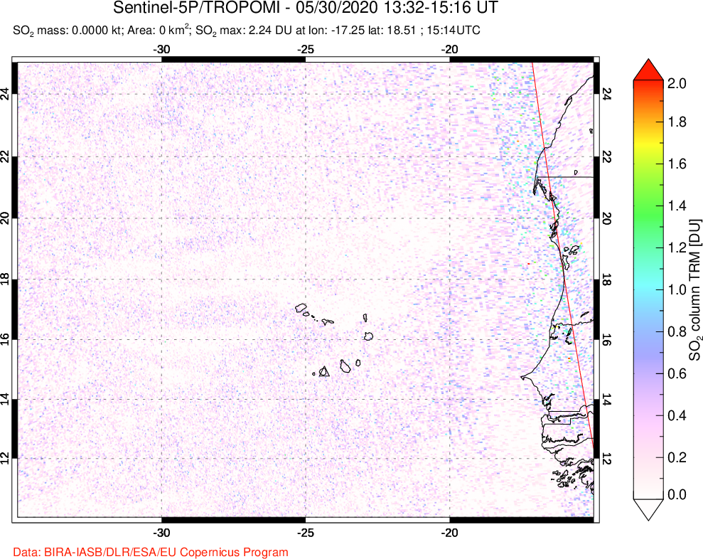 A sulfur dioxide image over Cape Verde Islands on May 30, 2020.