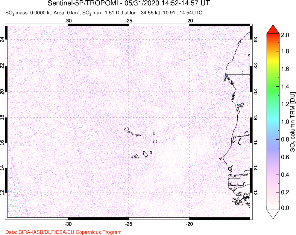 A sulfur dioxide image over Cape Verde Islands on May 31, 2020.