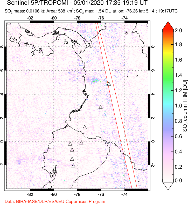 A sulfur dioxide image over Ecuador on May 01, 2020.