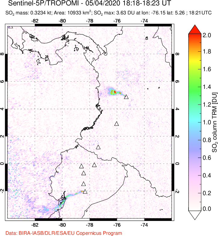 A sulfur dioxide image over Ecuador on May 04, 2020.
