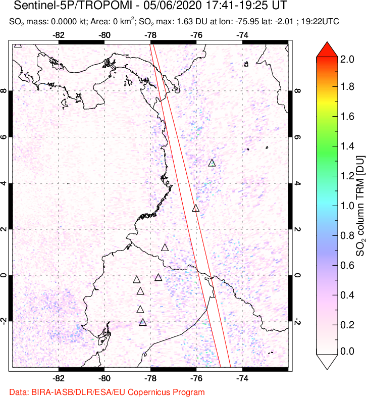 A sulfur dioxide image over Ecuador on May 06, 2020.