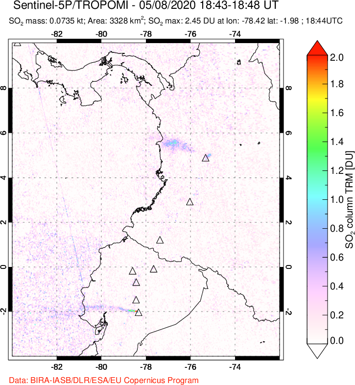 A sulfur dioxide image over Ecuador on May 08, 2020.
