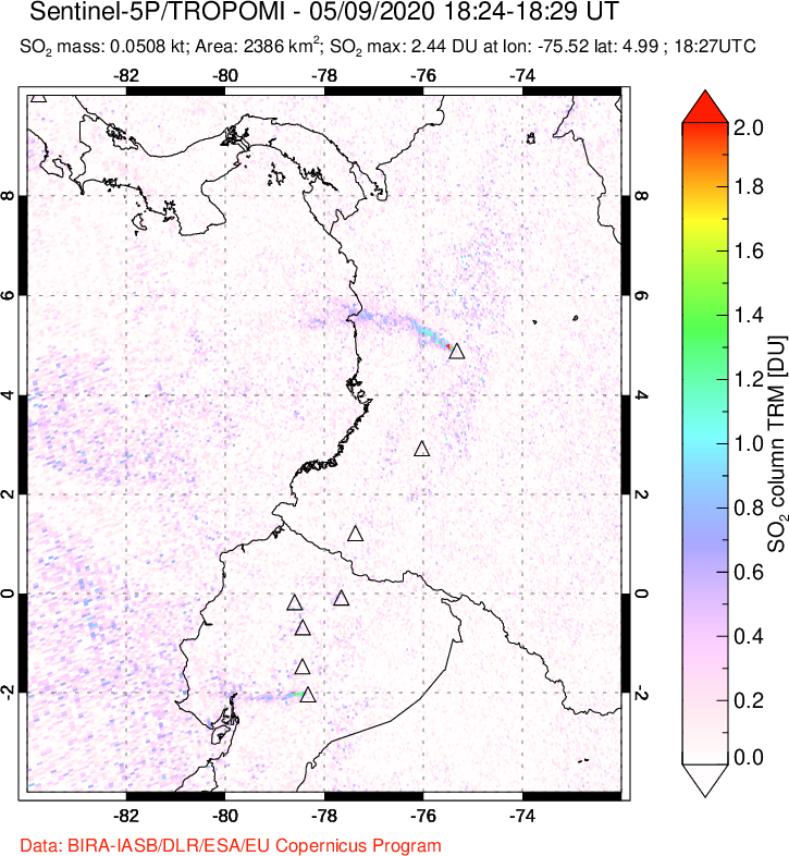 A sulfur dioxide image over Ecuador on May 09, 2020.
