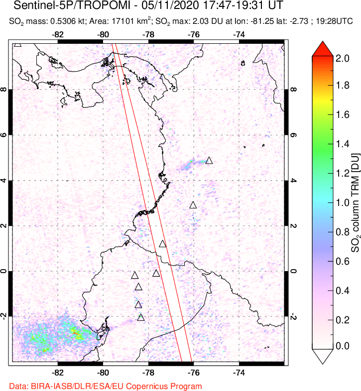 A sulfur dioxide image over Ecuador on May 11, 2020.