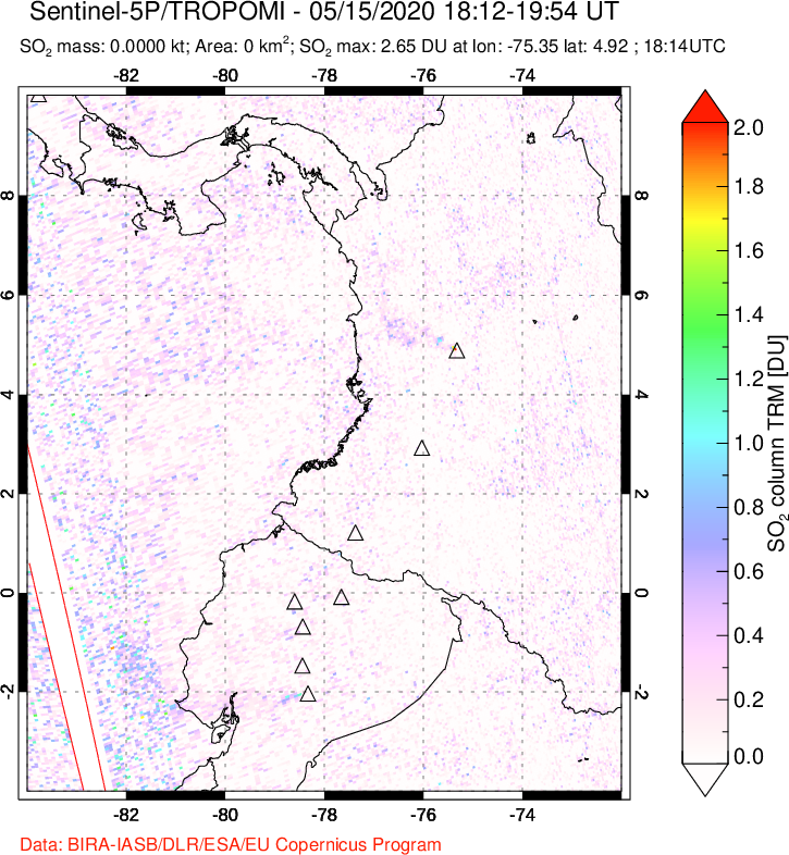 A sulfur dioxide image over Ecuador on May 15, 2020.