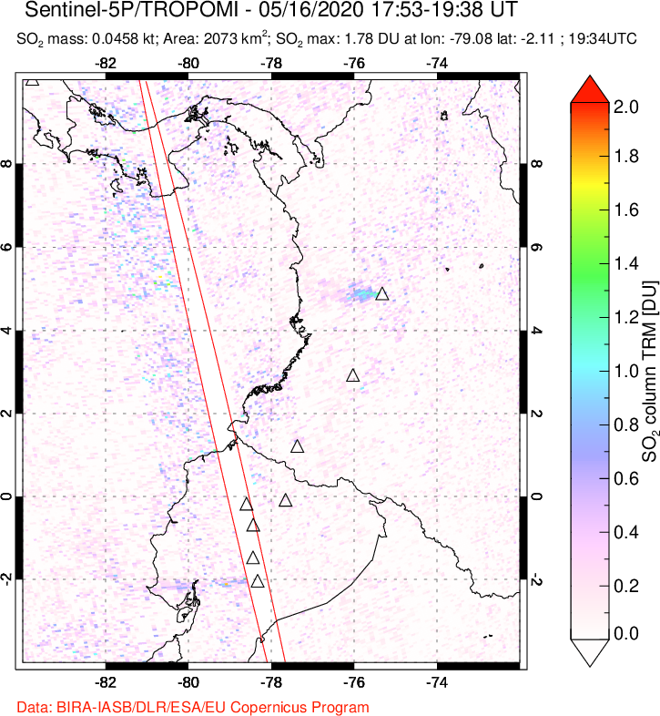 A sulfur dioxide image over Ecuador on May 16, 2020.