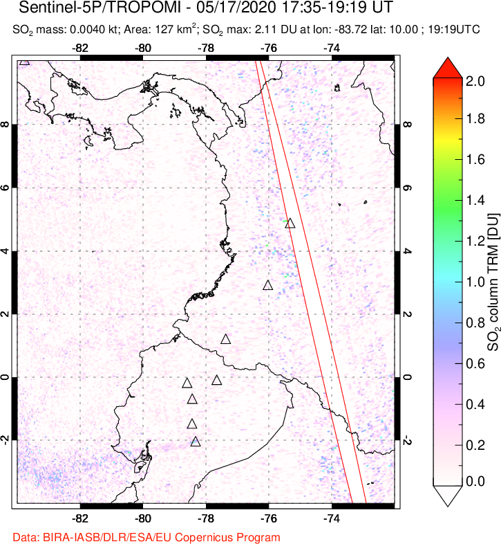 A sulfur dioxide image over Ecuador on May 17, 2020.