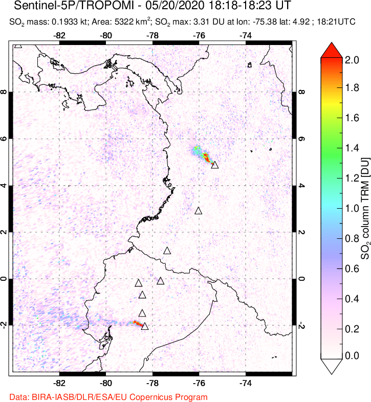 A sulfur dioxide image over Ecuador on May 20, 2020.