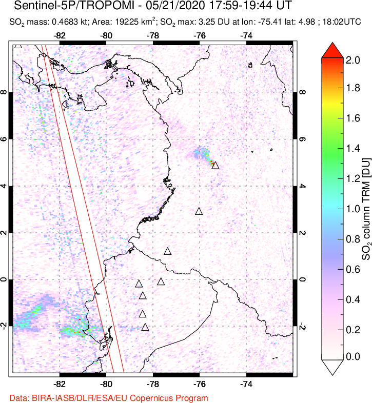 A sulfur dioxide image over Ecuador on May 21, 2020.