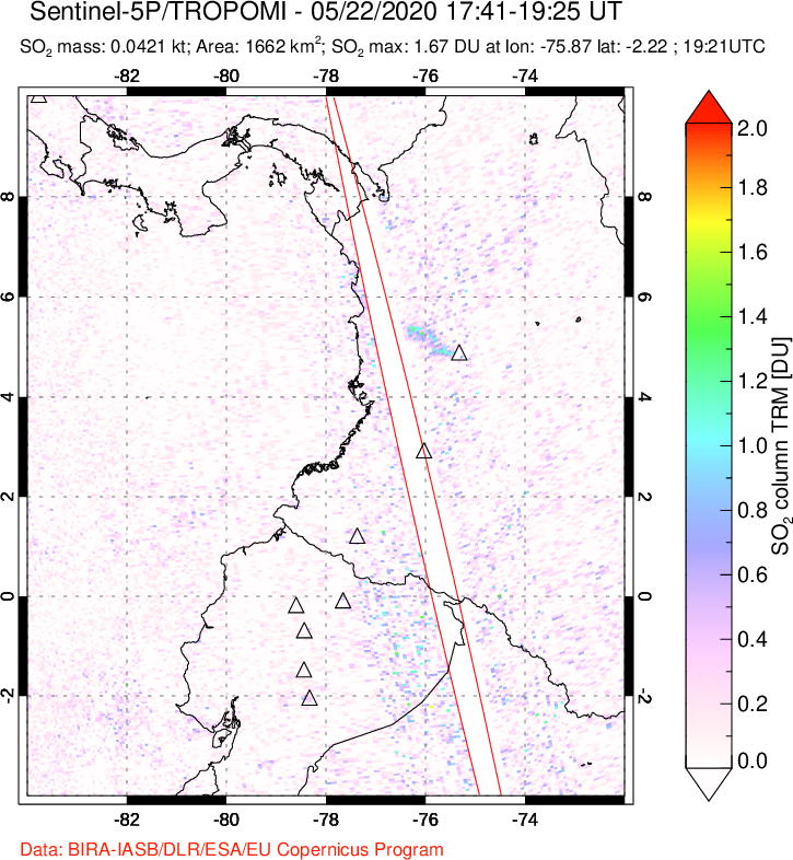 A sulfur dioxide image over Ecuador on May 22, 2020.