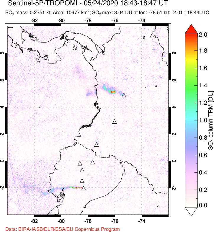 A sulfur dioxide image over Ecuador on May 24, 2020.