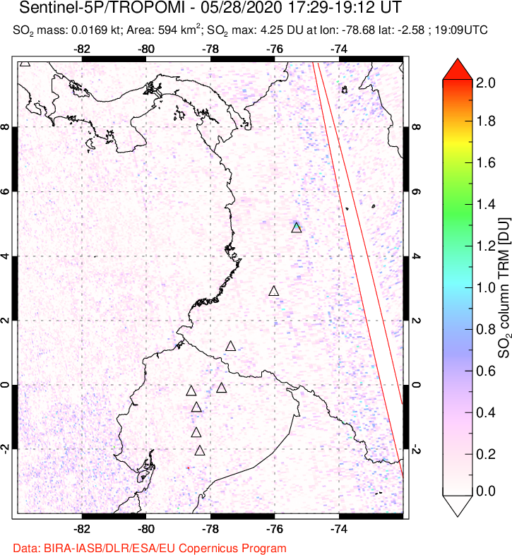 A sulfur dioxide image over Ecuador on May 28, 2020.