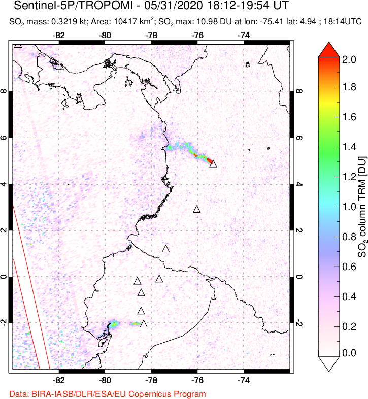 A sulfur dioxide image over Ecuador on May 31, 2020.