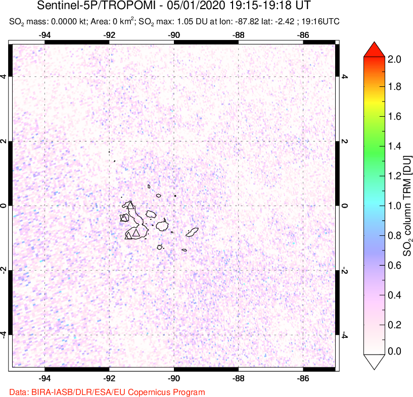 A sulfur dioxide image over Galápagos Islands on May 01, 2020.