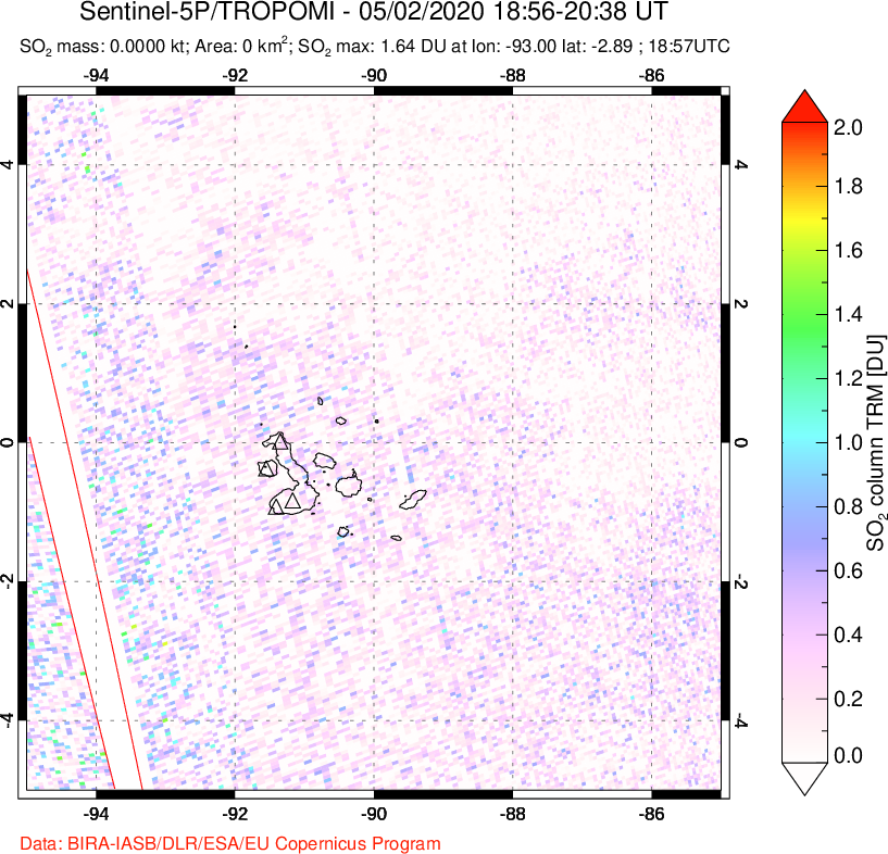 A sulfur dioxide image over Galápagos Islands on May 02, 2020.
