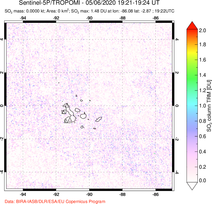A sulfur dioxide image over Galápagos Islands on May 06, 2020.