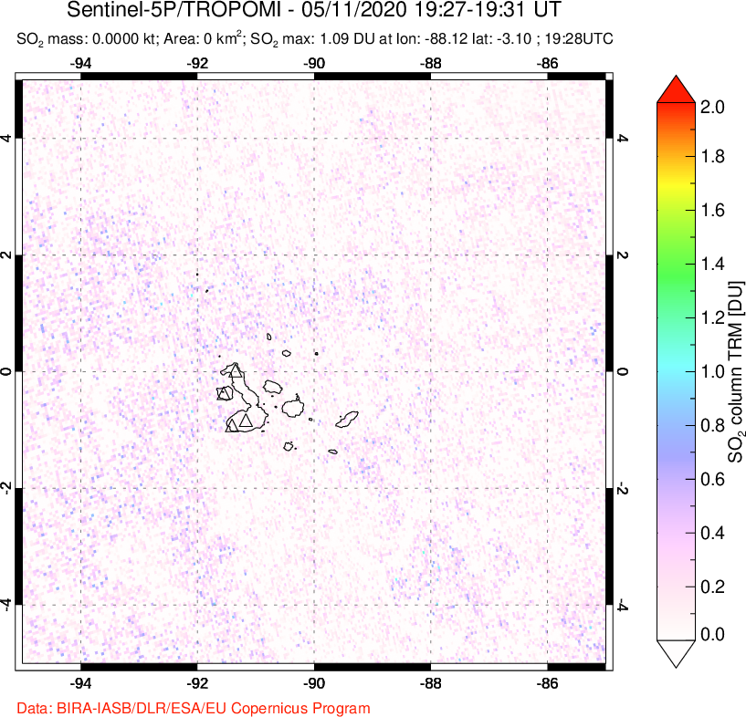 A sulfur dioxide image over Galápagos Islands on May 11, 2020.