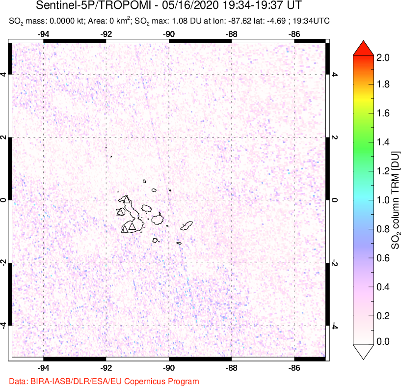 A sulfur dioxide image over Galápagos Islands on May 16, 2020.