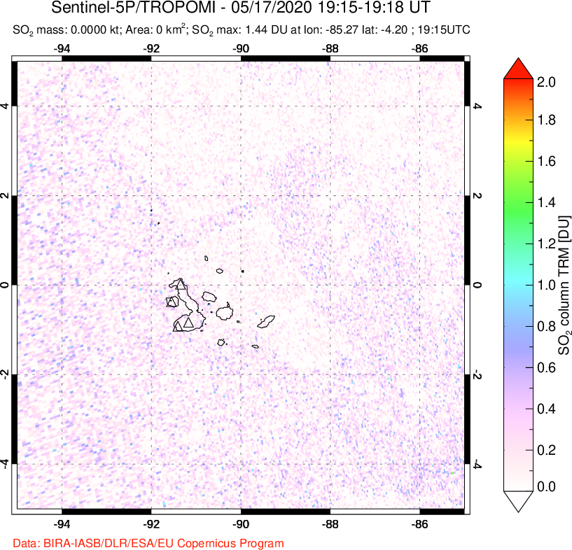 A sulfur dioxide image over Galápagos Islands on May 17, 2020.