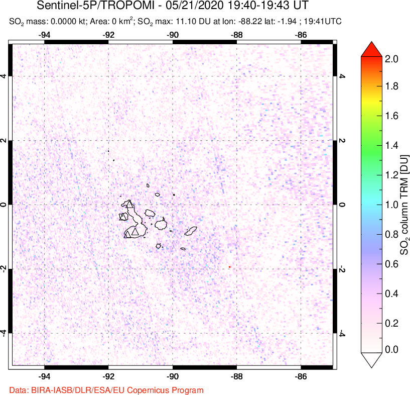 A sulfur dioxide image over Galápagos Islands on May 21, 2020.