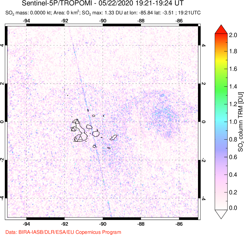 A sulfur dioxide image over Galápagos Islands on May 22, 2020.