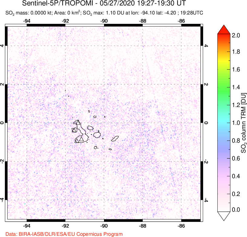 A sulfur dioxide image over Galápagos Islands on May 27, 2020.