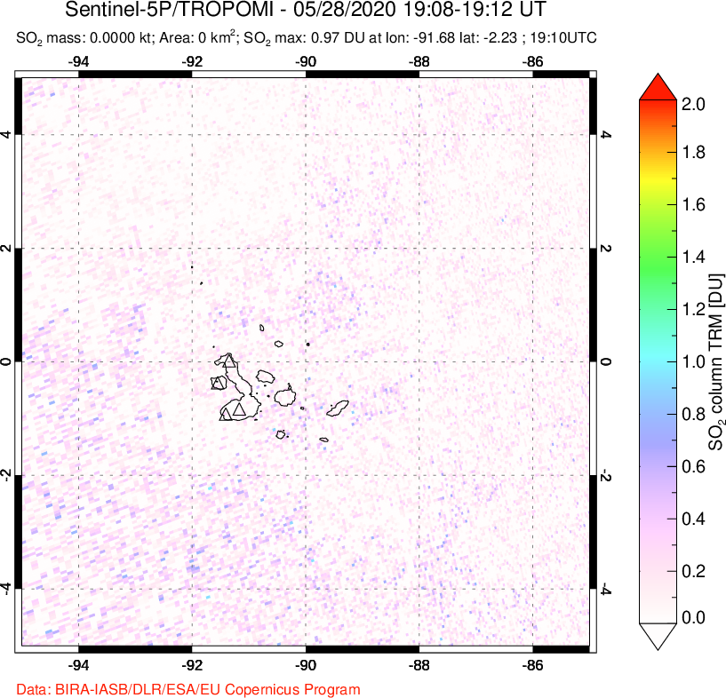 A sulfur dioxide image over Galápagos Islands on May 28, 2020.