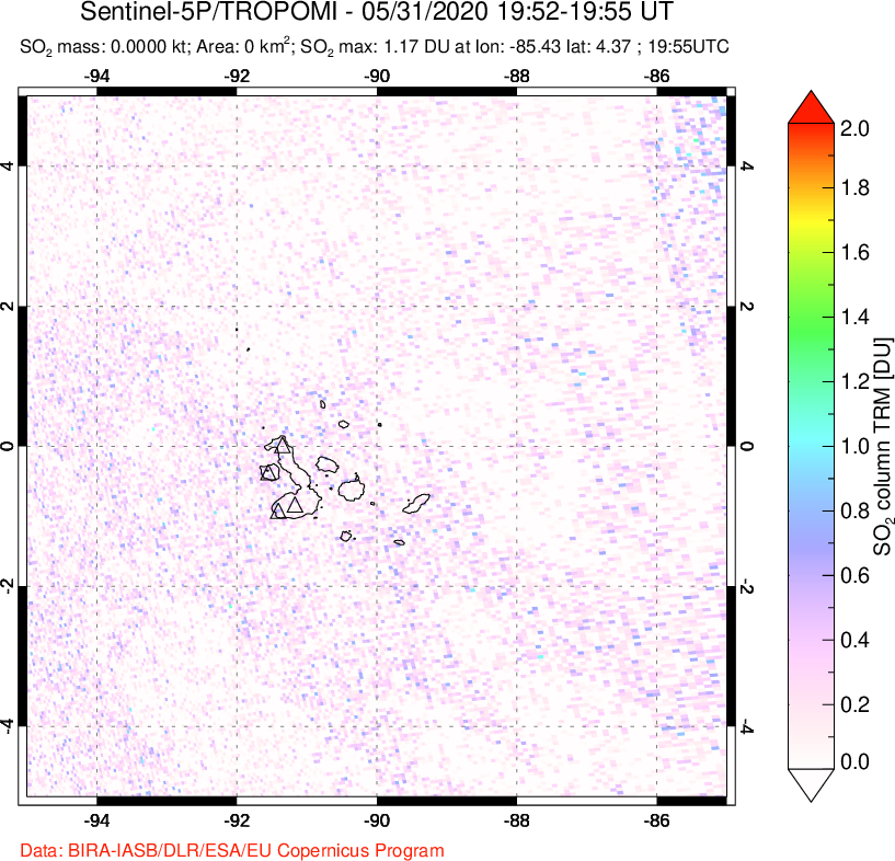 A sulfur dioxide image over Galápagos Islands on May 31, 2020.