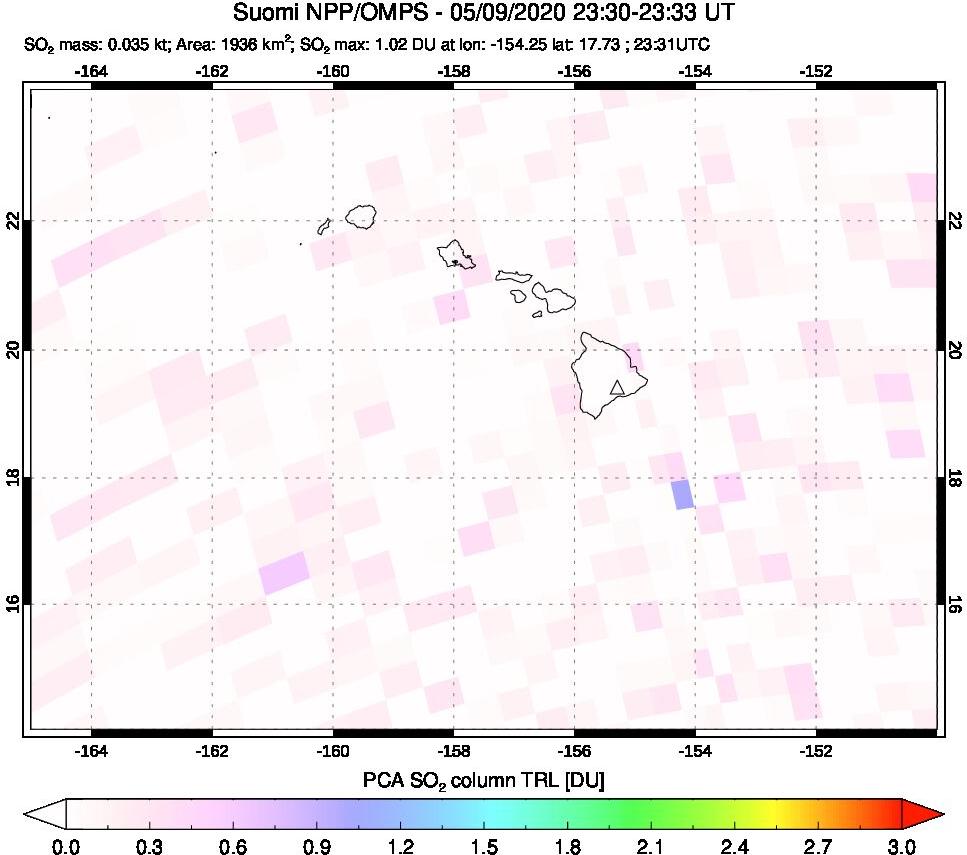 A sulfur dioxide image over Hawaii, USA on May 09, 2020.