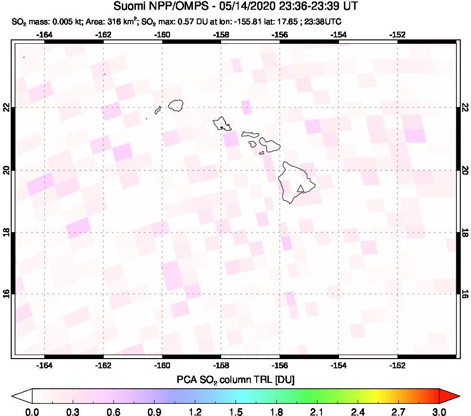 A sulfur dioxide image over Hawaii, USA on May 14, 2020.