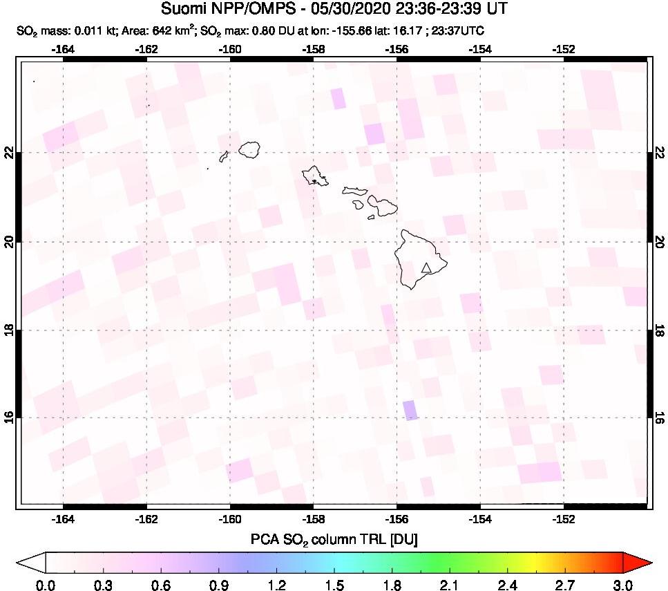 A sulfur dioxide image over Hawaii, USA on May 30, 2020.