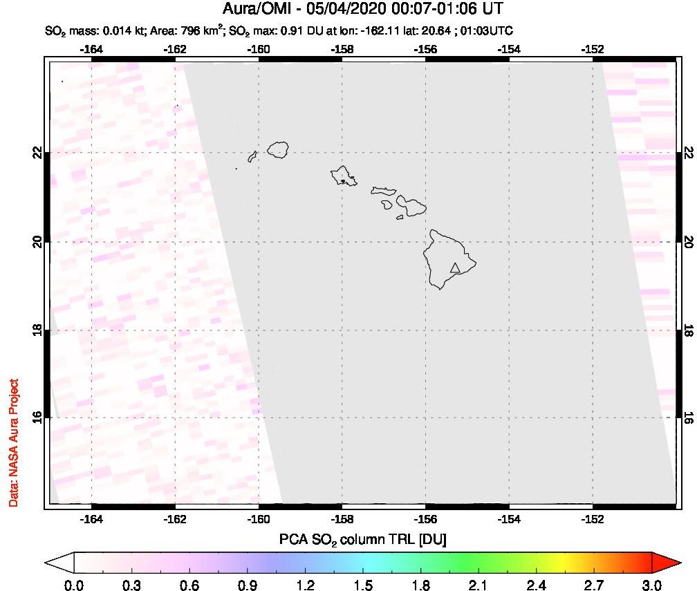 A sulfur dioxide image over Hawaii, USA on May 04, 2020.